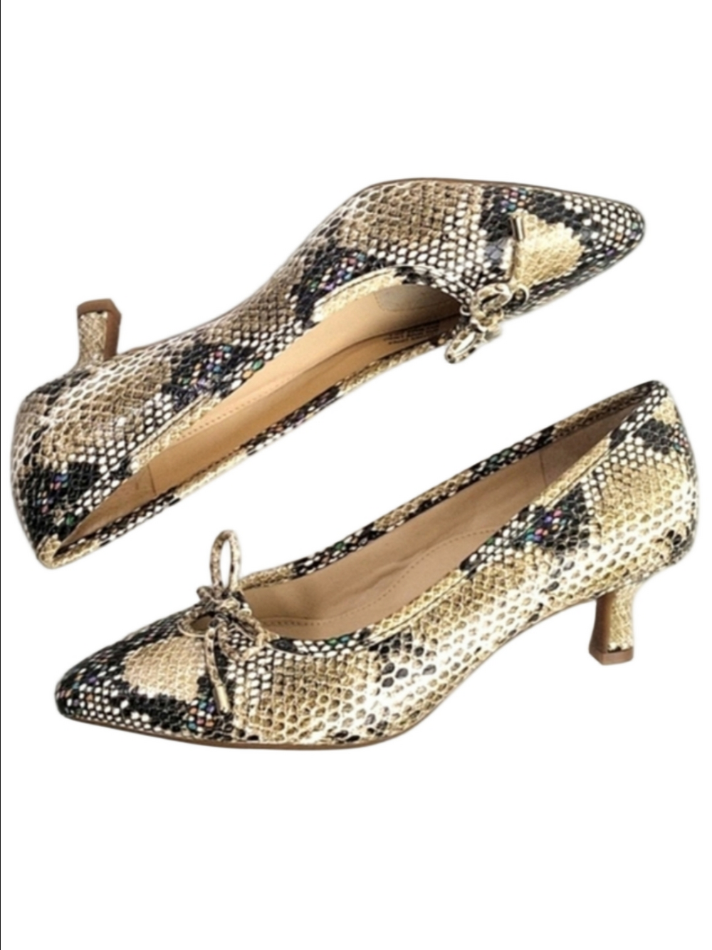 NEW Alex Marie Leather Multi-Color Snake Print Kitten Heel Bow Detail Pump